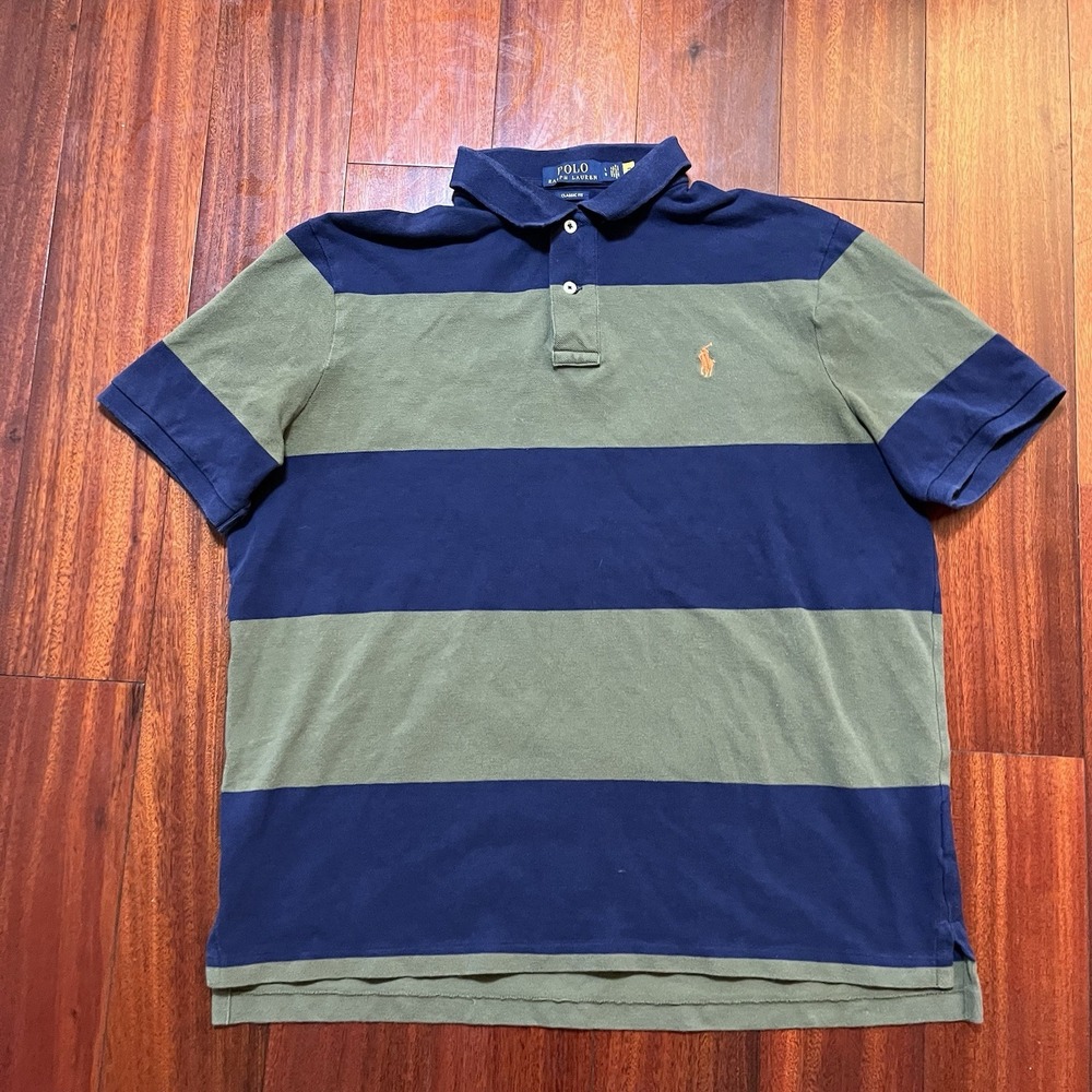 Polo Ralph Lauren Polo Shirt Mens Large Classic Fit Green Blue Striped Nautical